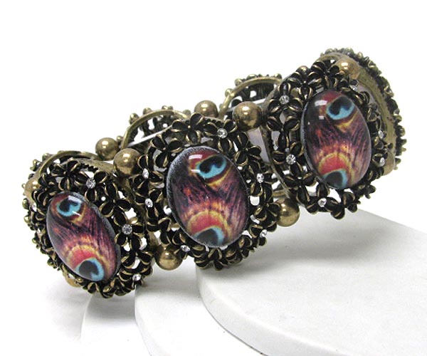 Peacock print and metal filigree stretch bracelet