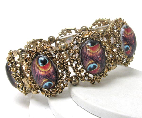 Peacock print and metal filigree stretch bracelet