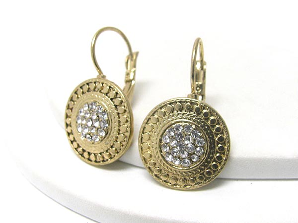 Crystal center deco textured metal disk earring