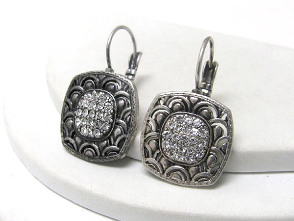 Crystal center deco textured metal square earring