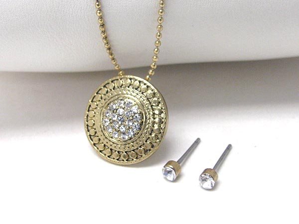 Crystal center deco textured metal disk necklace earring set