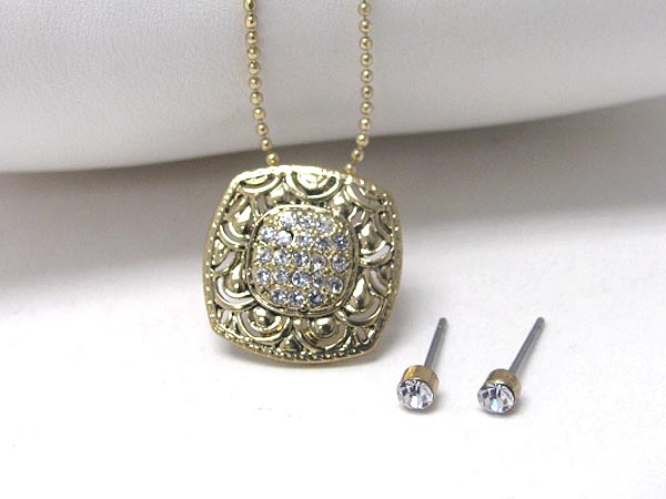 Crystal center deco textured metal square necklace earring set