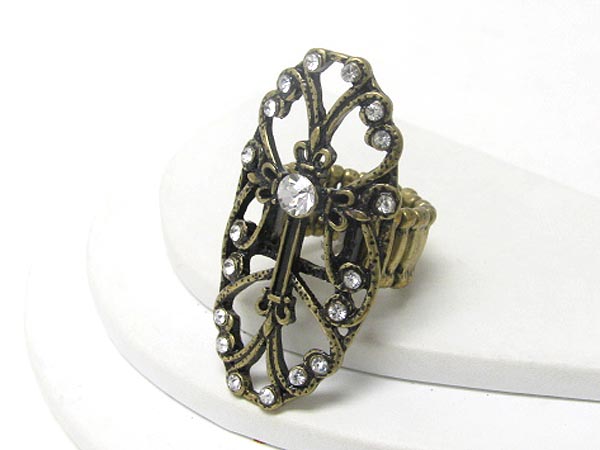 Crystal center cross metal filigree stretch ring