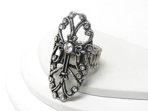 Crystal center cross metal filigree stretch ring