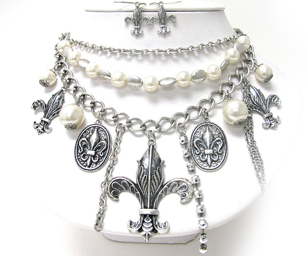 Pearl and multi fleur de lis charm dangle necklace earring set