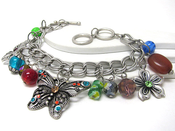 Crystal deco butterfly and glass stone dangle toggle bracelet