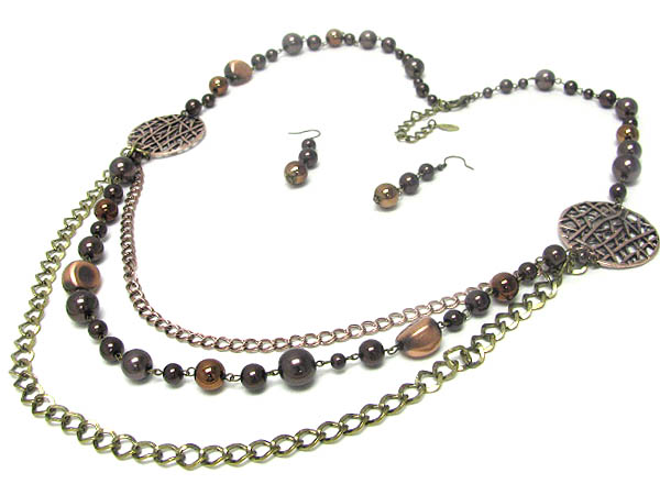 Multi ball and metal chain link long necklace earring set