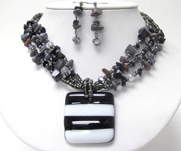 Black and white stripe glass pendant and chip stone necklace earring set