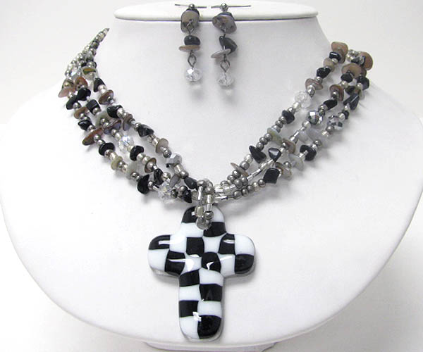 Black and white checker cross pendant and chip stone necklace earring set