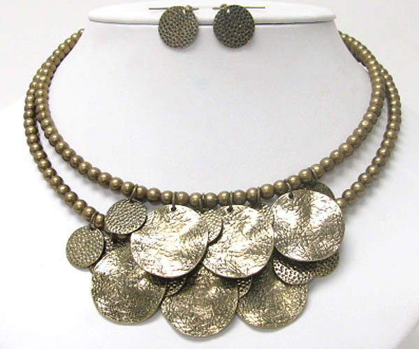 Multi hammered metal disk drop and double ball chain necklace earring set