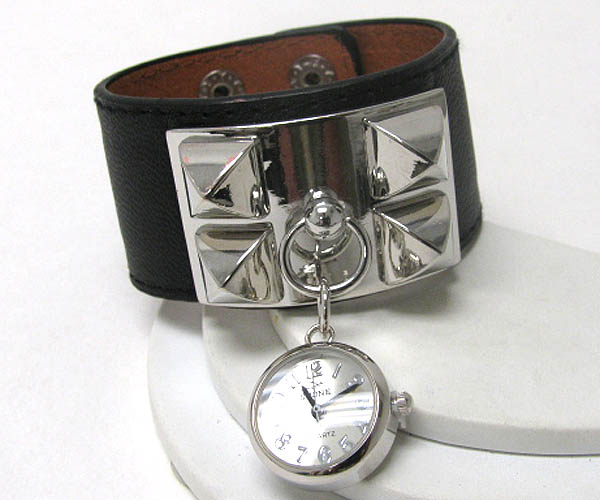 Metal spike and leatherette band watch