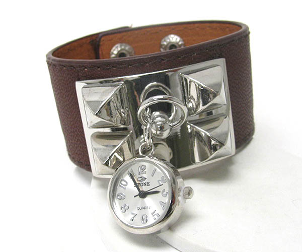 Metal spike and leatherette band watch