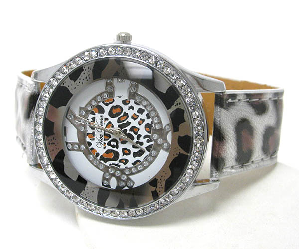 Crystal deco case and animal print face and band watch