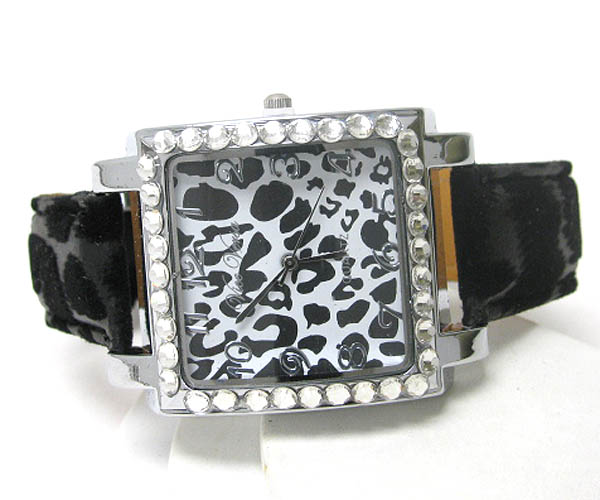 Crystal deco case and animal print face and band watch