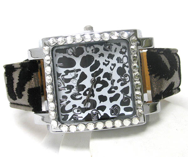 Crystal deco case and animal print face and band watch