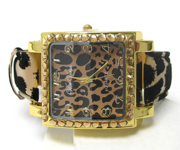 Crystal deco case and animal print face and band watch