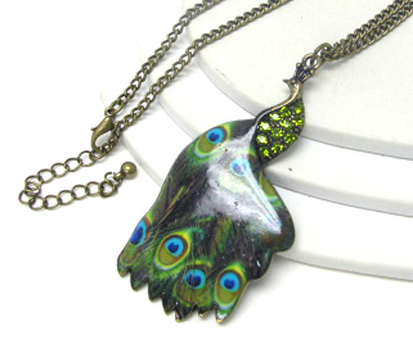 Crystal and epoxy deco peacock pendant long necklace