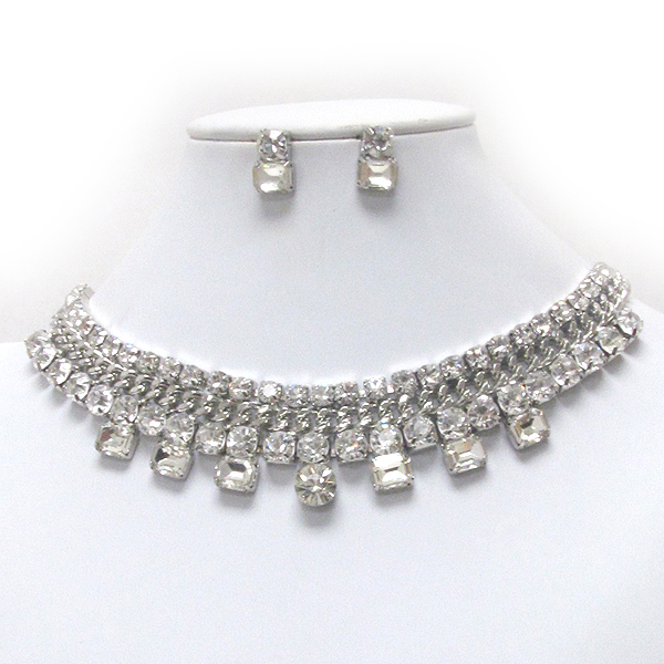 Multi crystal and rhinestone and chain between chocker necklace earring set