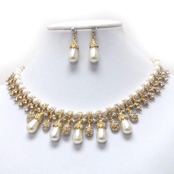 Crystal deco and multi pearl drop and chain party necklace earring set