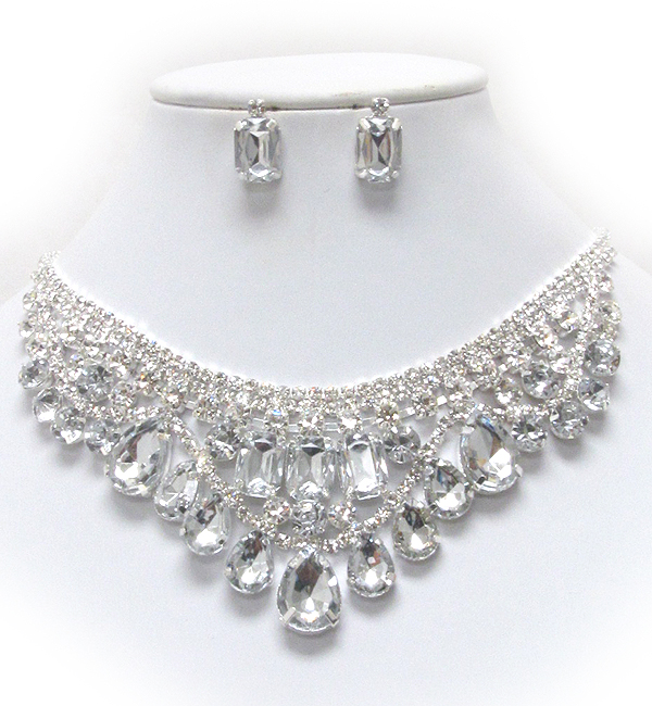 Facet teardrop and multi layer rhinestone party necklace earring set