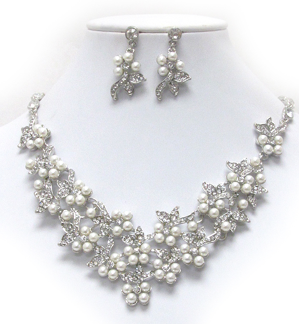 Multi crystal and pearl deco flower link party necklace earring set