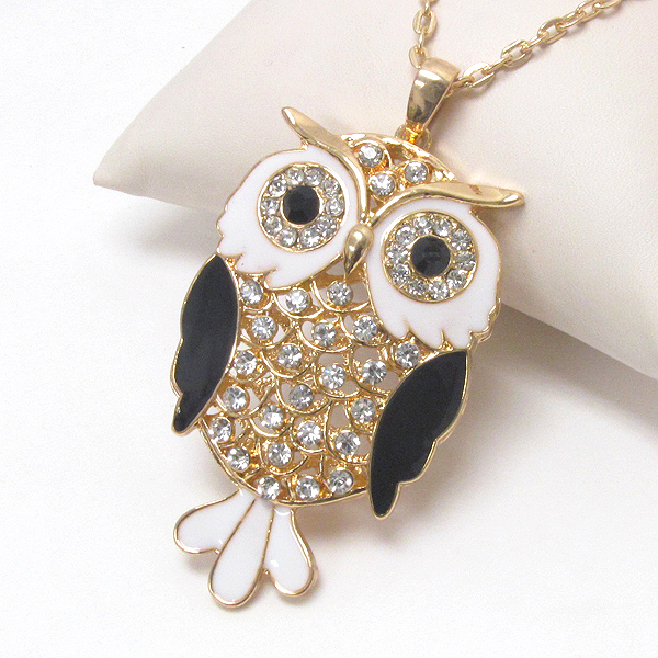 Crystal and epoxy deco metal filigree owl necklace