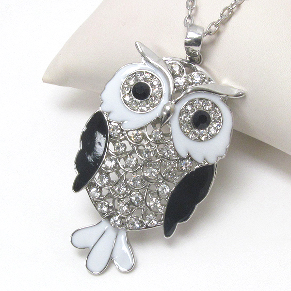 Crystal and epoxy deco metal filigree owl necklace