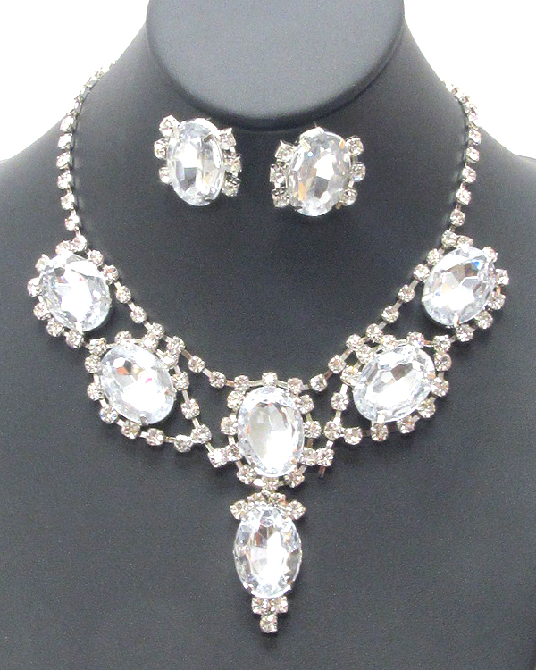 Facet oval stone and rhinestone chain necklace earring set