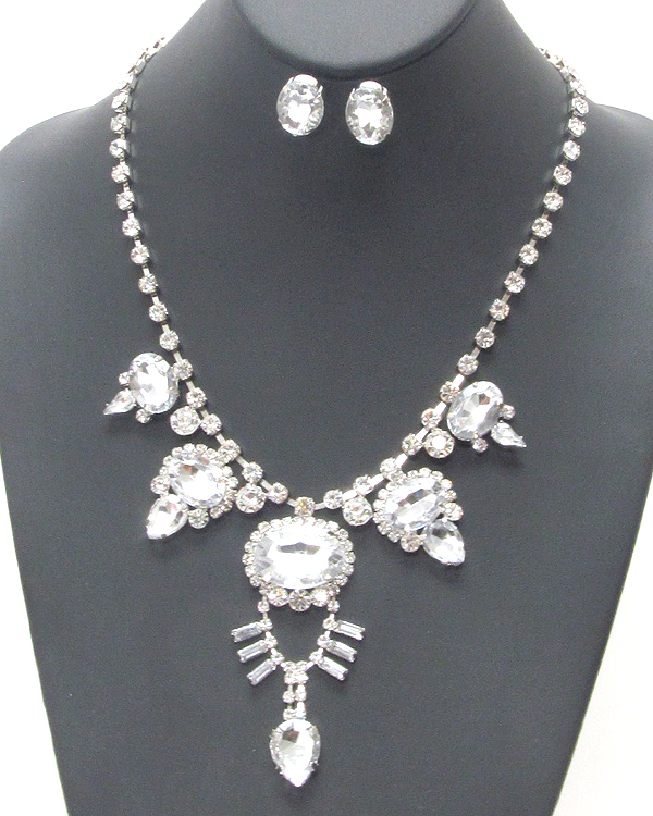 Facet oval stone deco drop and rhinestone chain necklace earring set