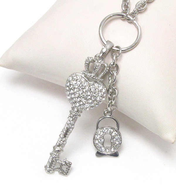 Premier electro plating crystal stud heart key and lock dangle necklace