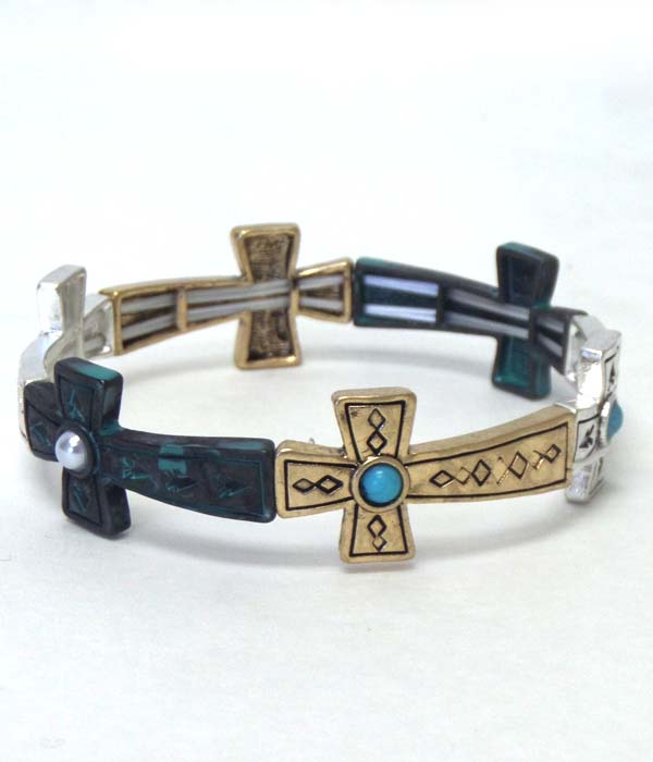 Multi metal linked cross bracelet