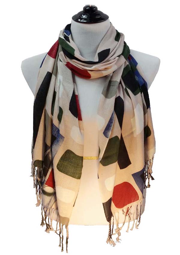 Block pattern viscose fringe drop scarf