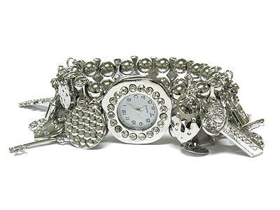 Multi crystal charm double ball stretch watch