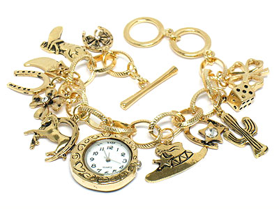 Multi crystal and western theme charm toggle bracelet watch