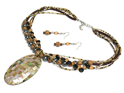 Mosaic shell oval pendant and multi chain seed beed necklace set