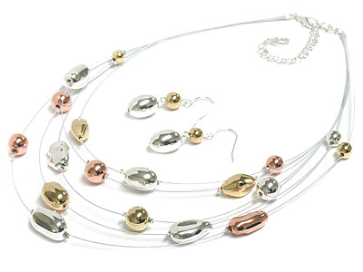 Natural look metal ball bead on multi fine thread chain necklace set