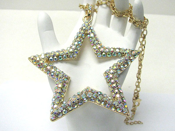 Extra large crystal stud open star pendant long chain necklace