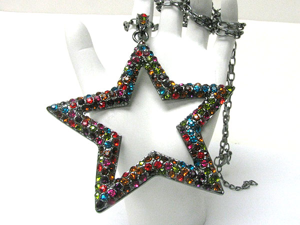 Extra large crystal stud open star pendant long chain necklace