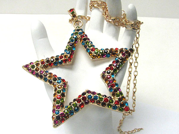 Extra large crystal stud open star pendant long chain necklace