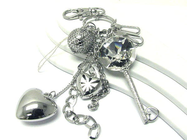 Large crystal key and mixed metal charm dangle key holder