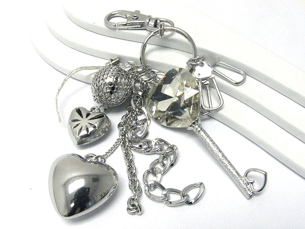 Large crystal key and mixed metal charm dangle key holder