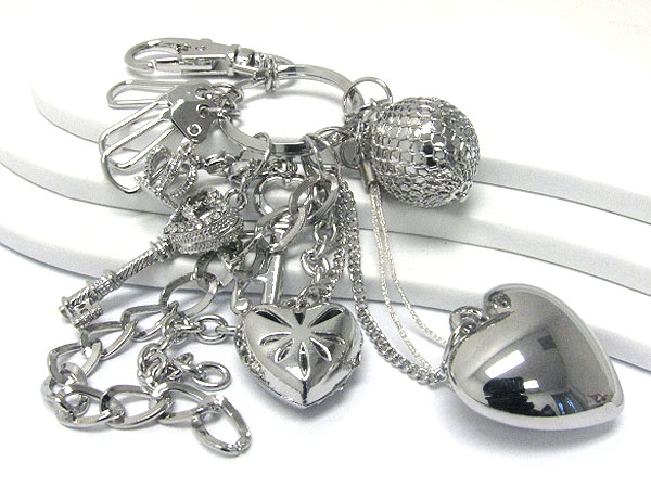 Multi crystal key and mixed metal charm dangle key holder