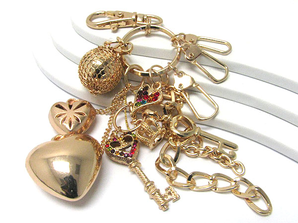 Multi crystal key and mixed metal charm dangle key holder