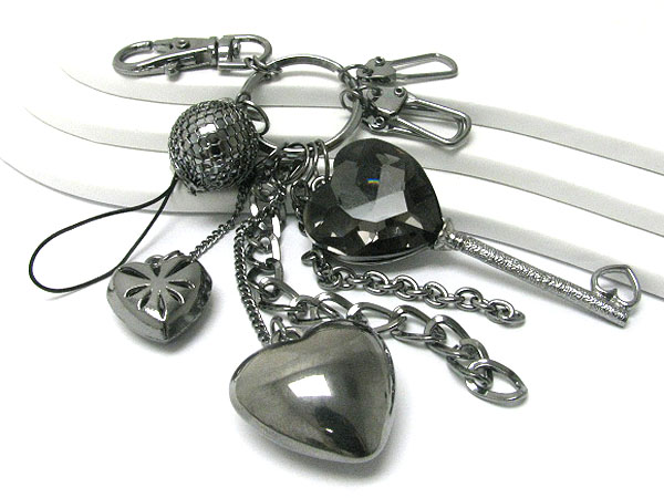 Large crystal key and mixed metal charm dangle key holder