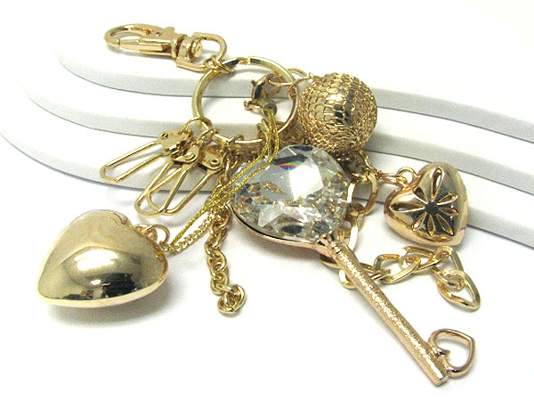 Large crystal key and mixed metal charm dangle key holder