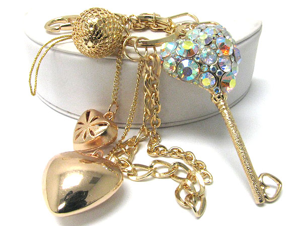 Large crystal key and mixed metal charm dangle key holder