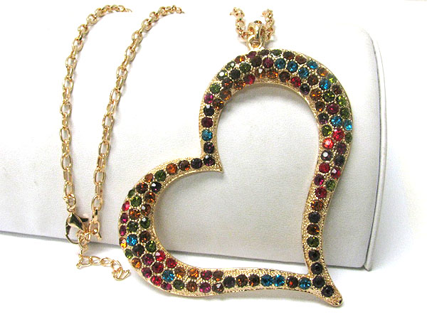 Extra large crystal stud open heart pendant long chain necklace