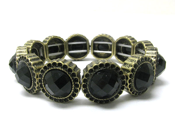 Facet glass stone metal disk link stretch bracelet