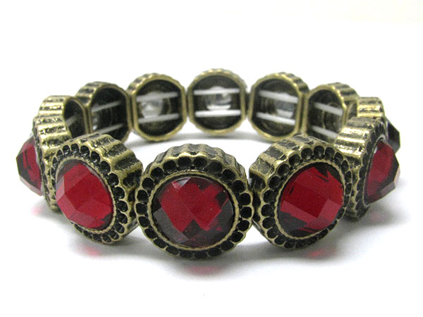 Facet glass stone metal disk link stretch bracelet