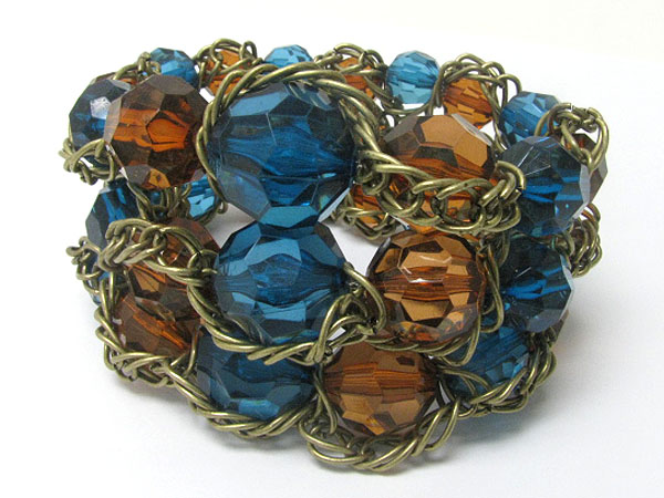 Triple row facet glass stone chain tangle stretch bracelet